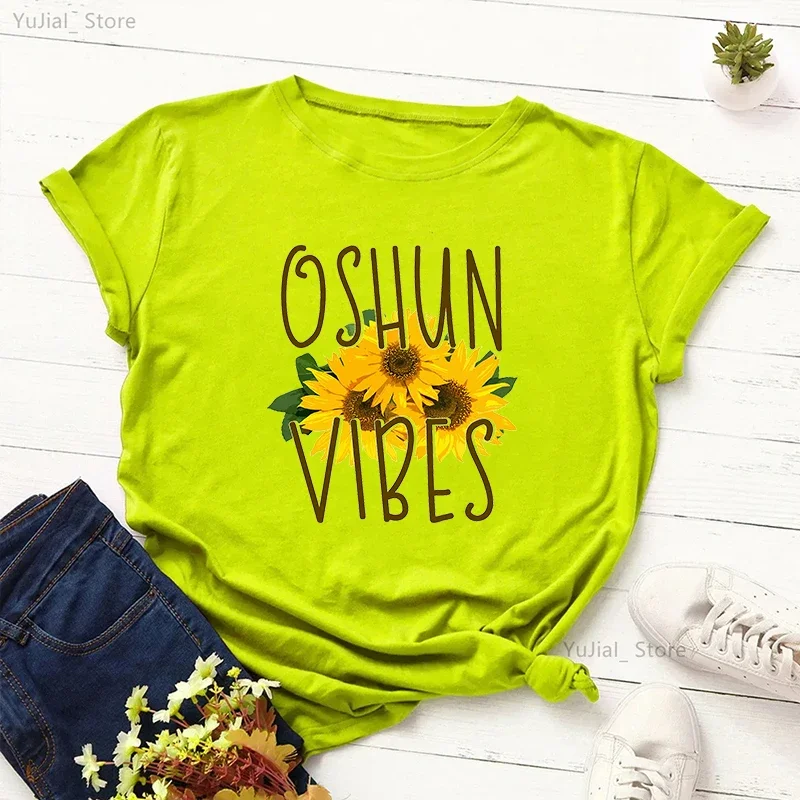 The African Goddess Oshun Vibes Sunflower Printed T Shirt Women Funny Gray/Green/Yellow/Pink/Black Tshirt Femme Harajuku Shirt