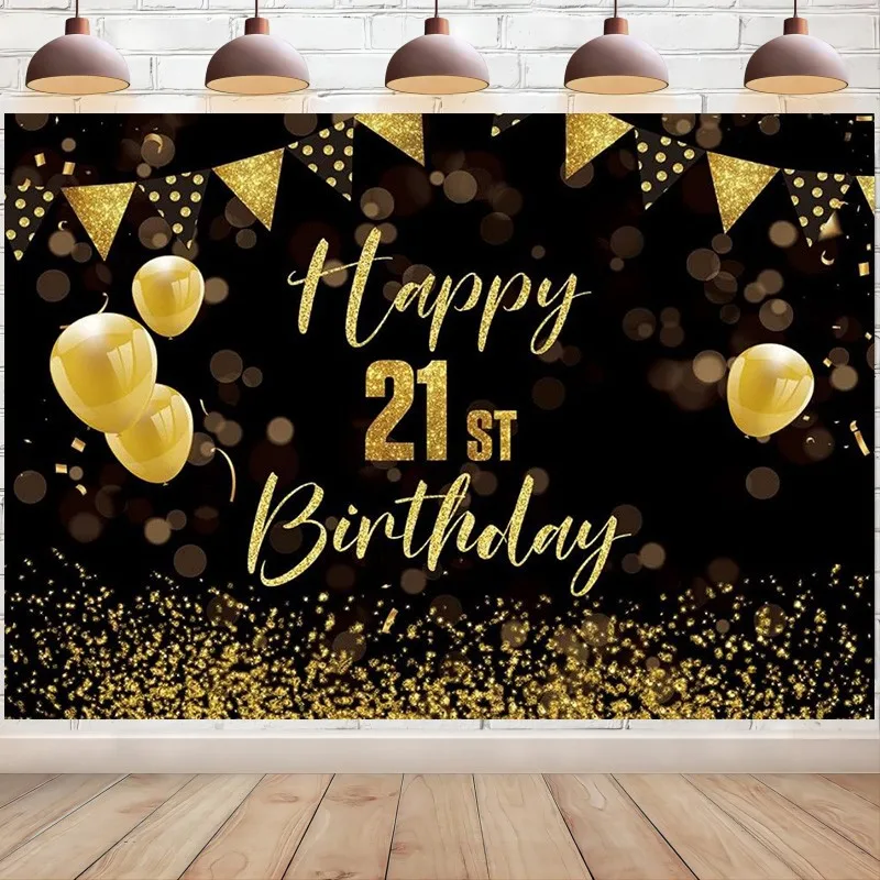 Gold and Black Happy 21st Birthday Backdrop for Queen Women Men 21Year Old Background Party Decoration Supplies Photo Booth Prop