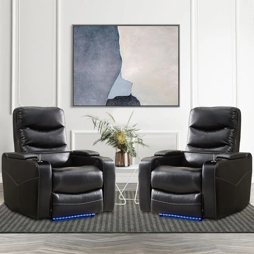 

Black Dual Reclining Theater Chairs with LED Lights, Swivel Tray, Storage, and Cup Holders