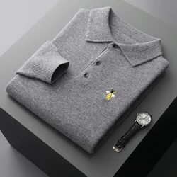 Spring  Autumn New Men's POLO Shirt 100% Pure Wool Knitted Top Fashion Embroidered Shirt Business Casual Long sleeved Pullover