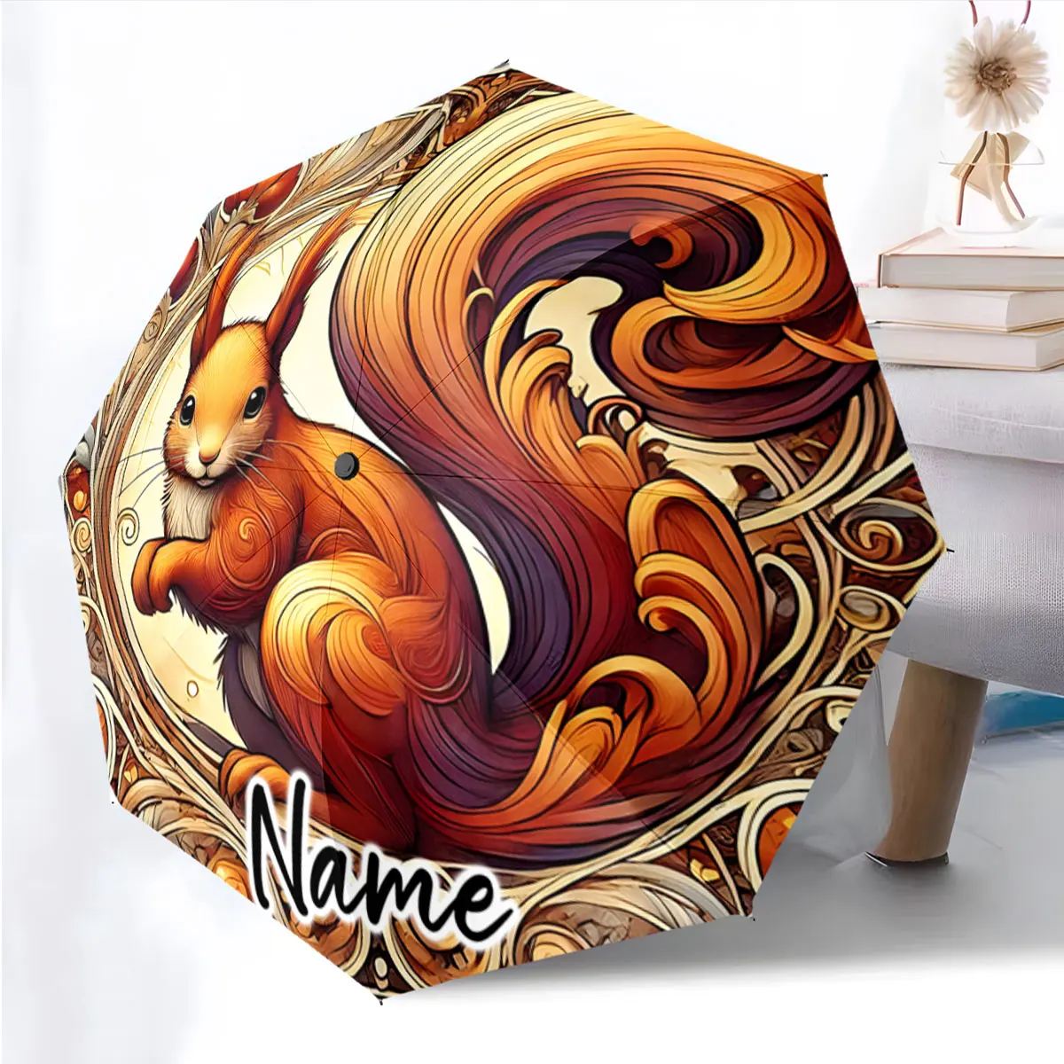 Custom Name Umbrella Vibrant Squirrel on Artistic Umbrella Design Print 8 Iron Ribs Folding Umbrella Auto-Open Fashion Sunshade