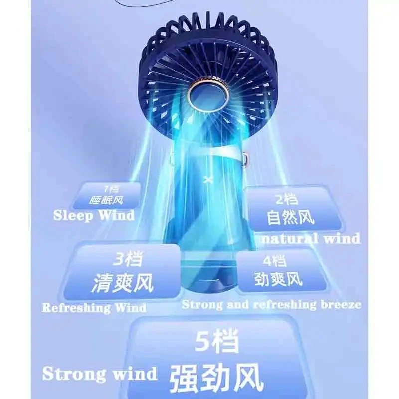 مروحة صغيرة محمولة قابلة للطي ومراوح معلقة على الرقبة 5 سرعات USB قابلة لإعادة الشحن مع حامل هاتف وشاشة عرض