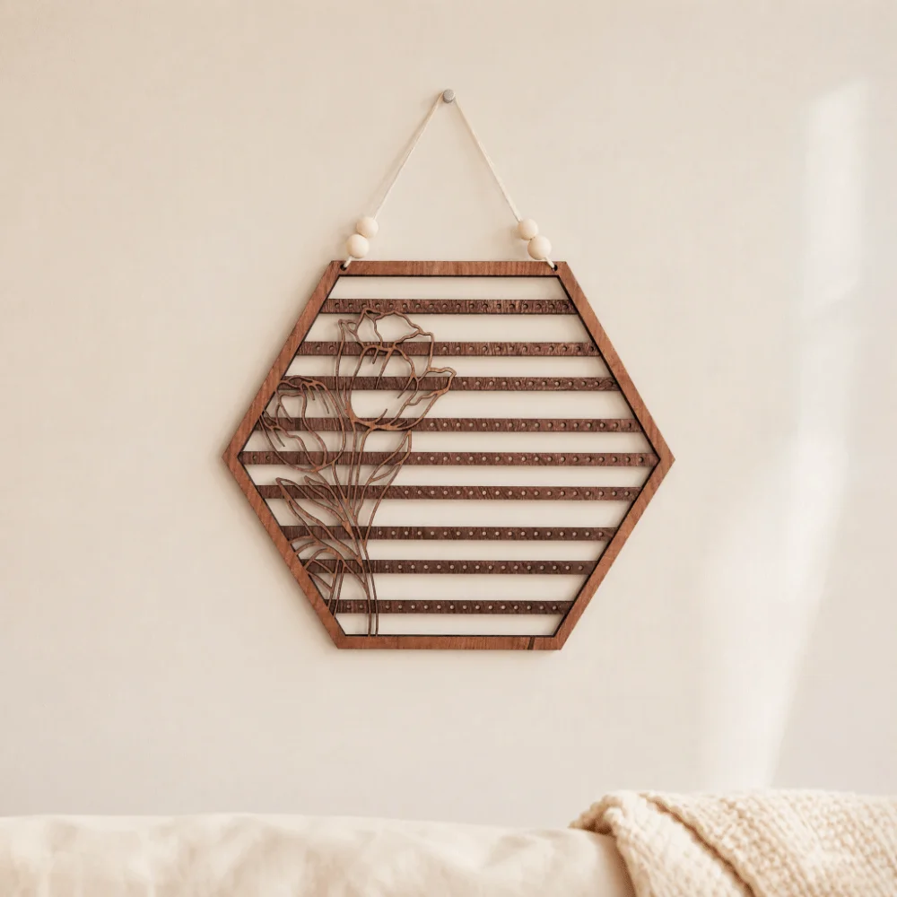 Hexagon Wood Jewelry Rack Hollow Carving Strip Hanging Slots Necklace Hanging Organizer Beaded Hanging Rope 11.81 in