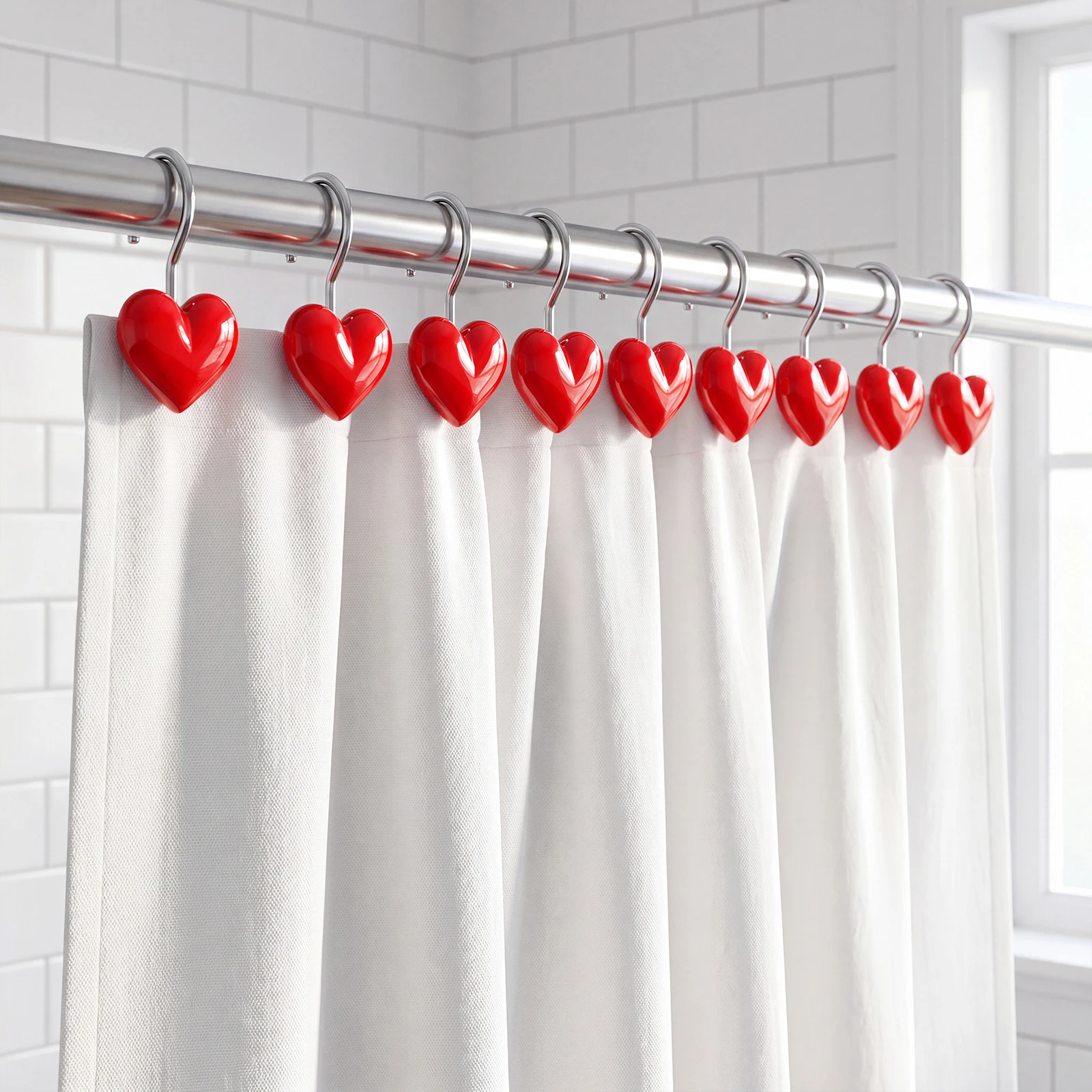 12Pcs Heart Bath Curtain Hooks, Durable Resin Stainless Steel Rust-Resistant, Bathroom Decor, Modern Style, Easy Installation