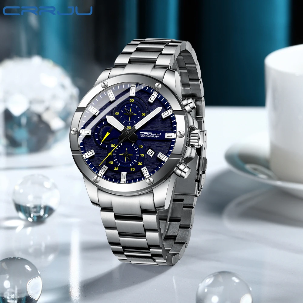 CRRJU Men Watch NEW Quartz Big Watches Full Steel Waterproof Chronograph Wristwatch for Men Relogio Masculino