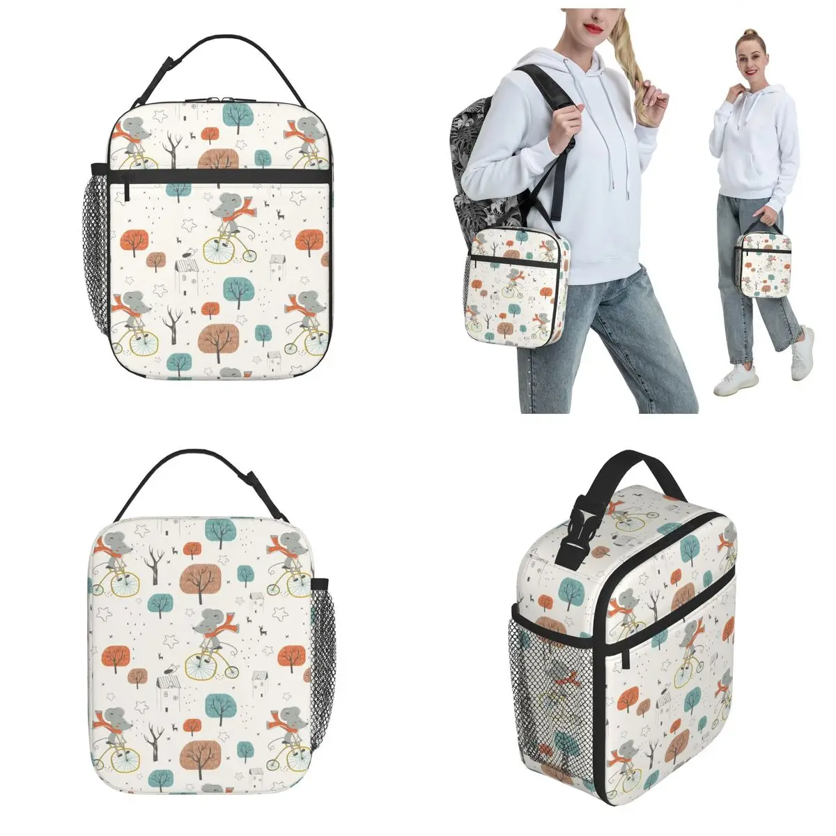 Insulated Lunch Bag Cute Little Mouse Riding On Bicycle Merch Storage Food Box Unique Design Thermal Cooler Bento Box For School