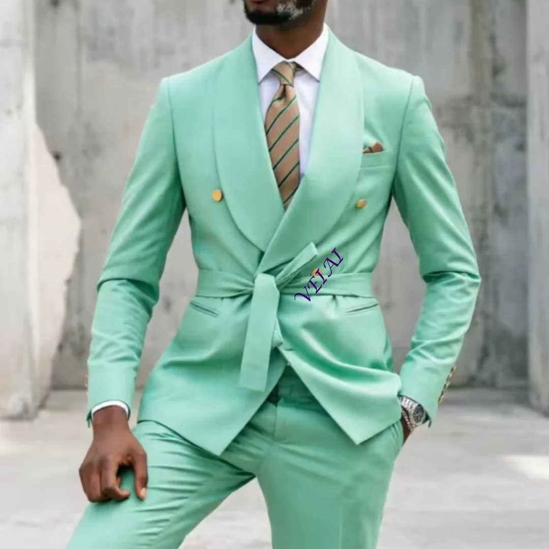 Wedding Suits For Men Double Breasted Modern Business Casual Green Suit Sharp Formal Tuxedo for Office Interview 2 Pi Customized