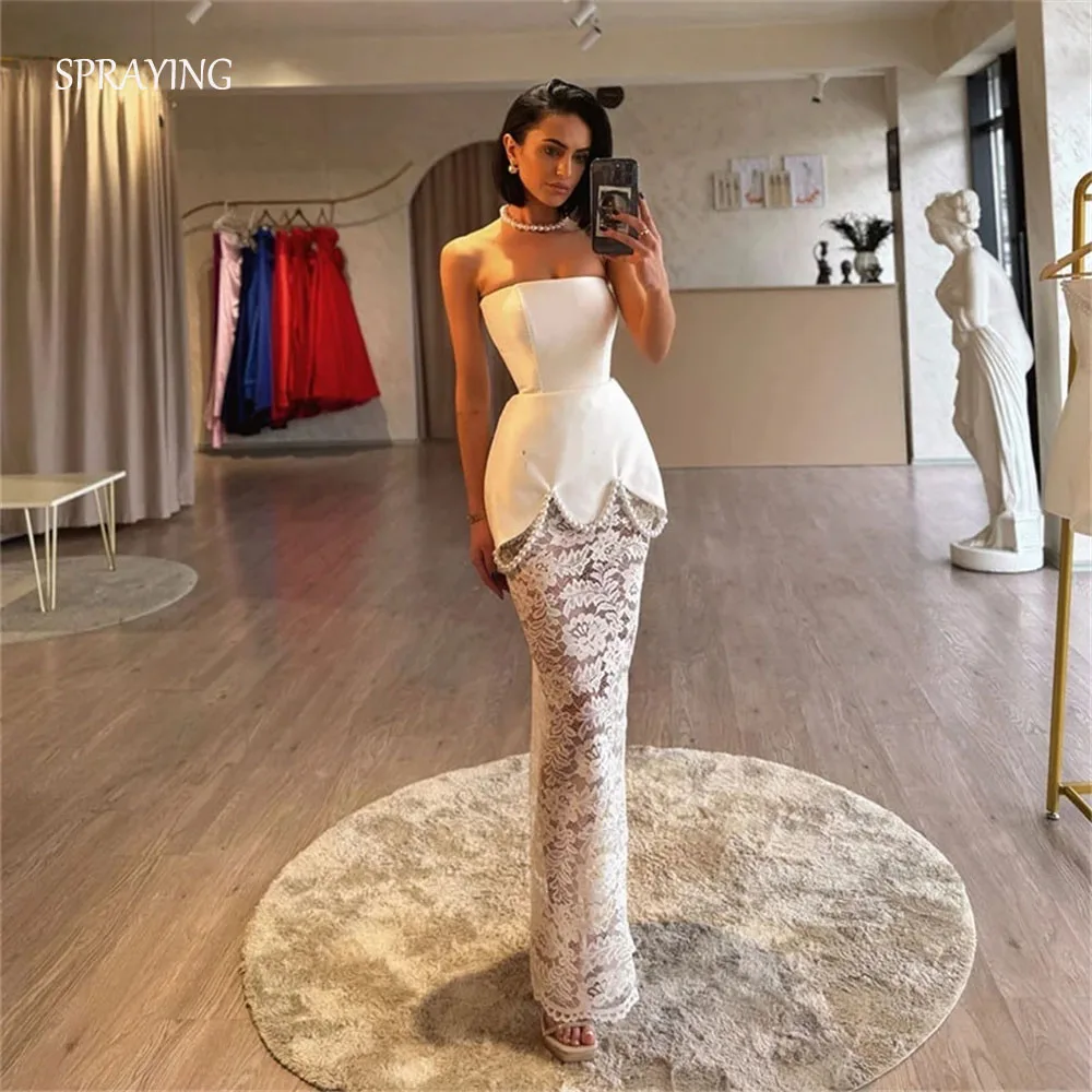 فساتين زفاف حورية البحر أنيقة بدون حمالات بدون أكمام طويلة من الدانتيل واللؤلؤ مصنوعة حسب الطلب 2026