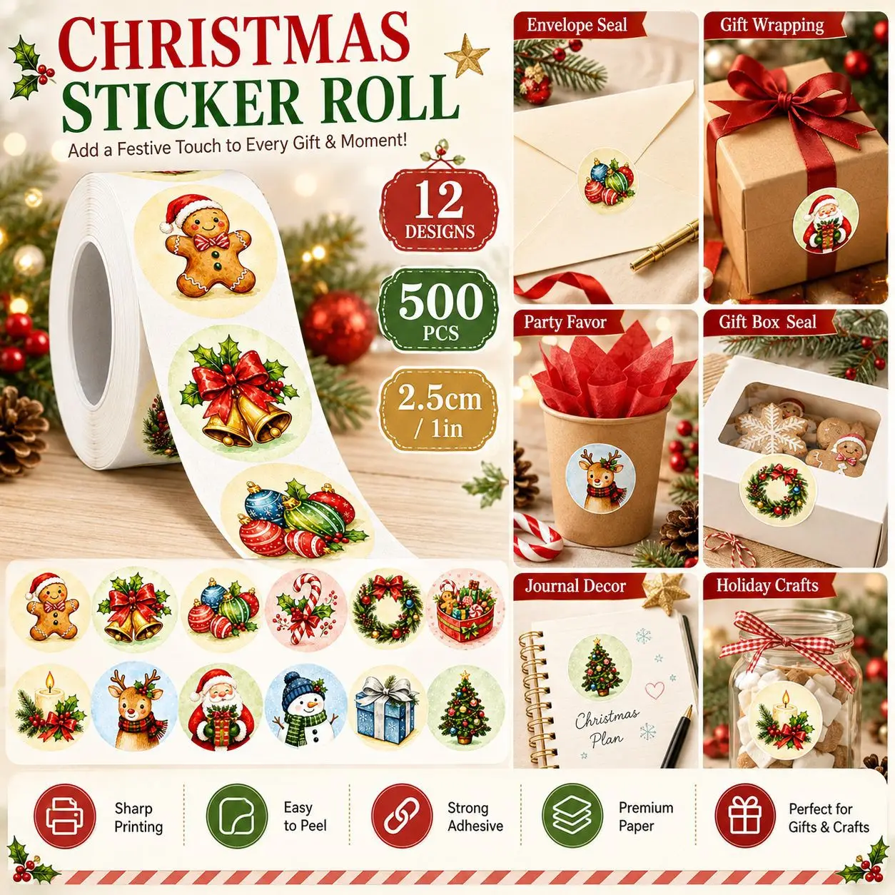 1Inch Round Christmas Stickers 500Pcs Roll Merry Christmas Santa Gingerbread Man Sealing Labels Xmas Gift Package Decor Stickers