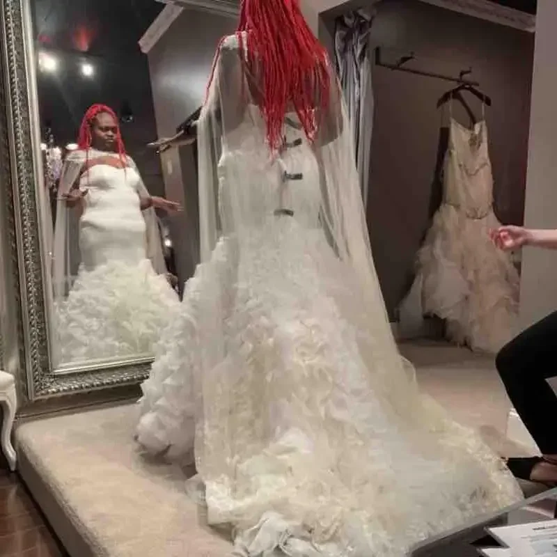 

Customized African Plus Size Wrap Appliques Ruched Back Lace Up Mermaid Wedding Dress Tulle Vestido De Novia