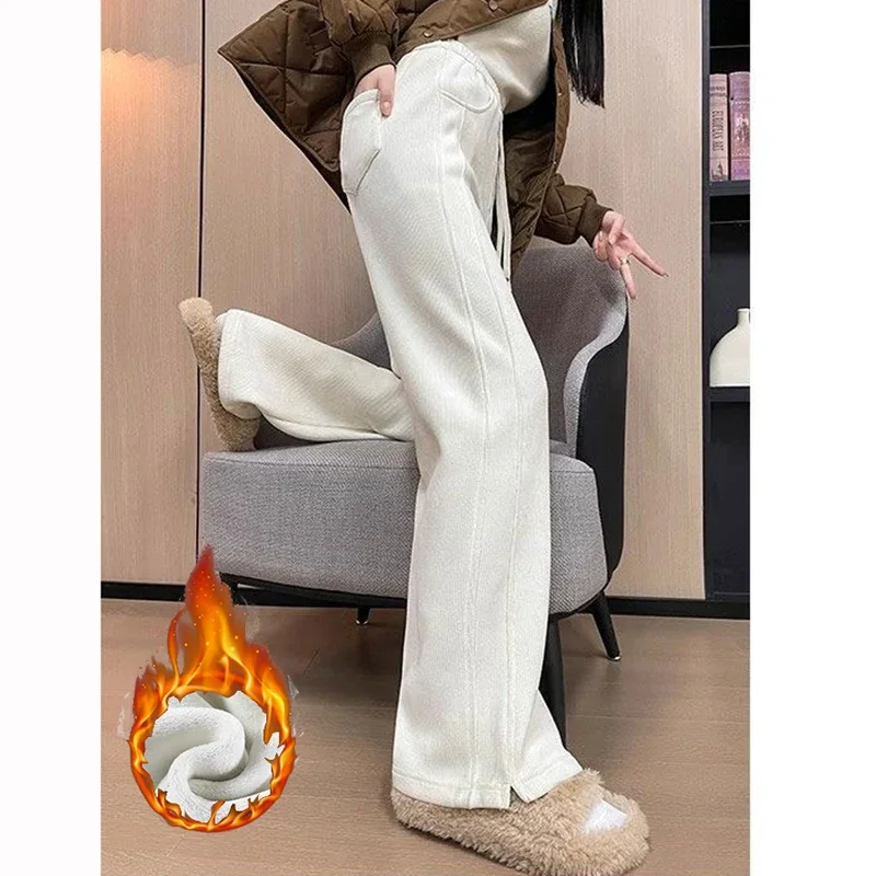 2026 Winter Girls Snow Warm Fleece Pants Lady High Waist Solid Plush Trousers Women Korean Baggy Thermal Sweatpants