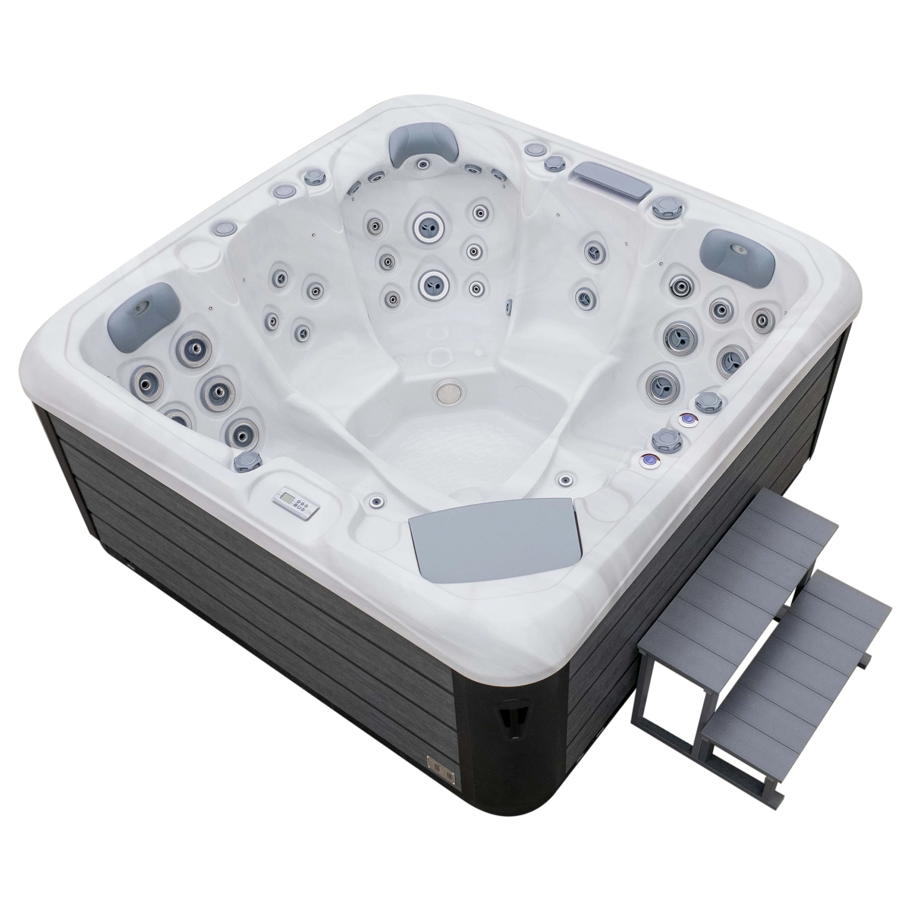 Five-person acrylic outdoor hot tub, suitable for homes and gardens, featuring three seats and two loungers