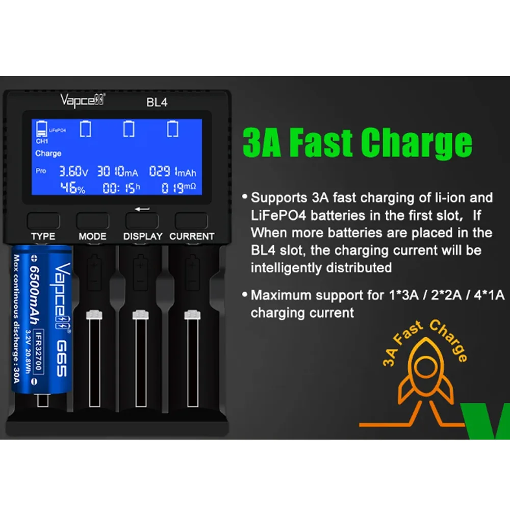 Оригинальное зарядное устройство Vapcell BL4, 4 слота, 9 В, 3 А, быстрая зарядка, 5 функций, порт Type-C для аккумулятора 18650 21700 18350 20700