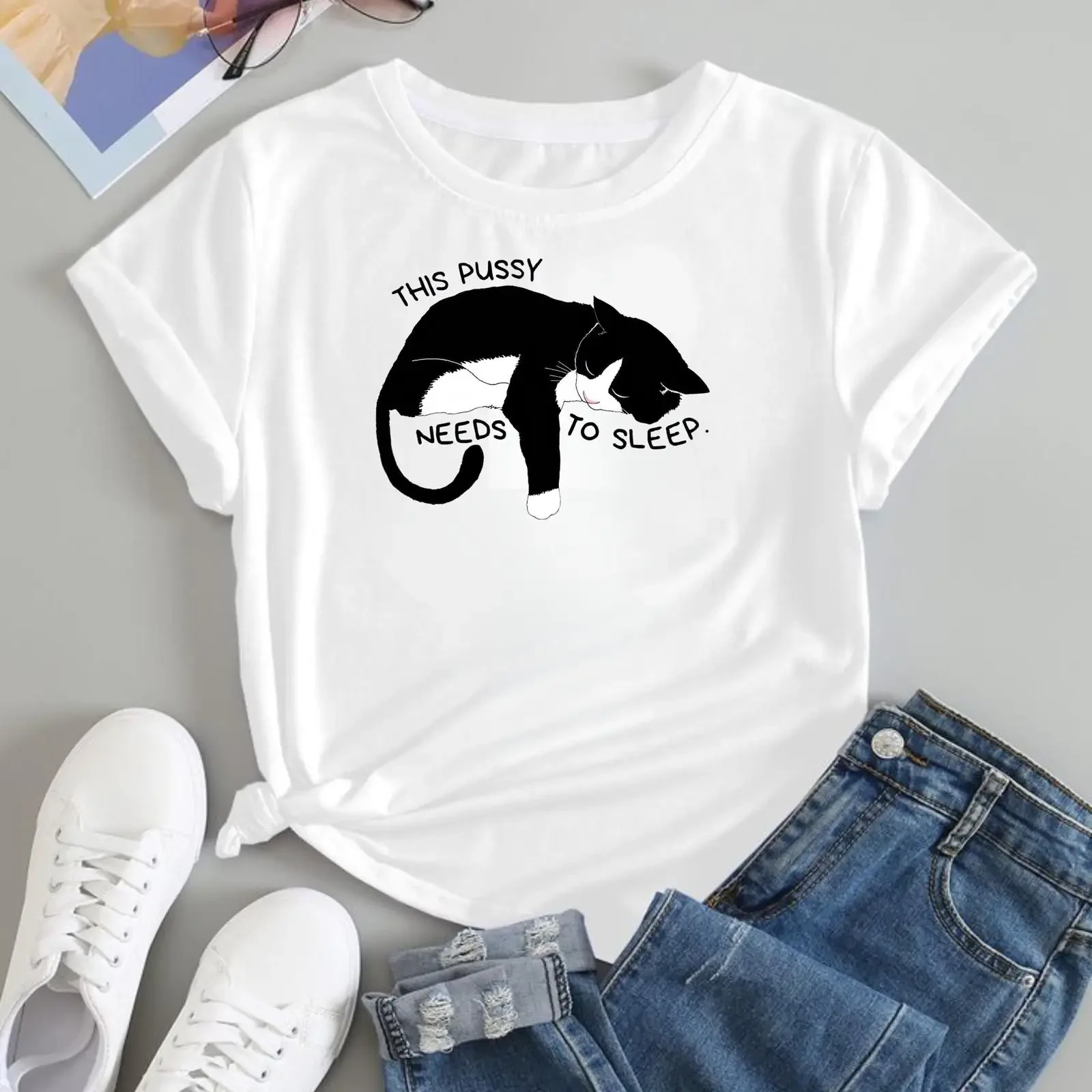 Sleepy Tuxedo Cat T Shirt Retro Lazy Kitten Nap Meme 100 Cotton  vintage Washed Versatile Top For Everyday Wear Soft graphic
