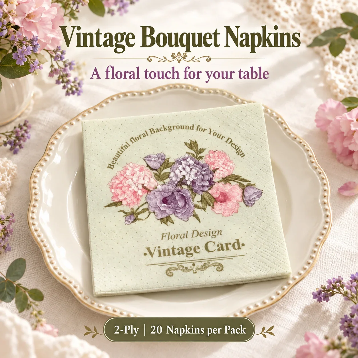 20pcs Vintage Floral Paper Napkins 2 Ply Pink Purple Bouquet Serviettes 33x33cm for Wedding Tea Party Table Decor