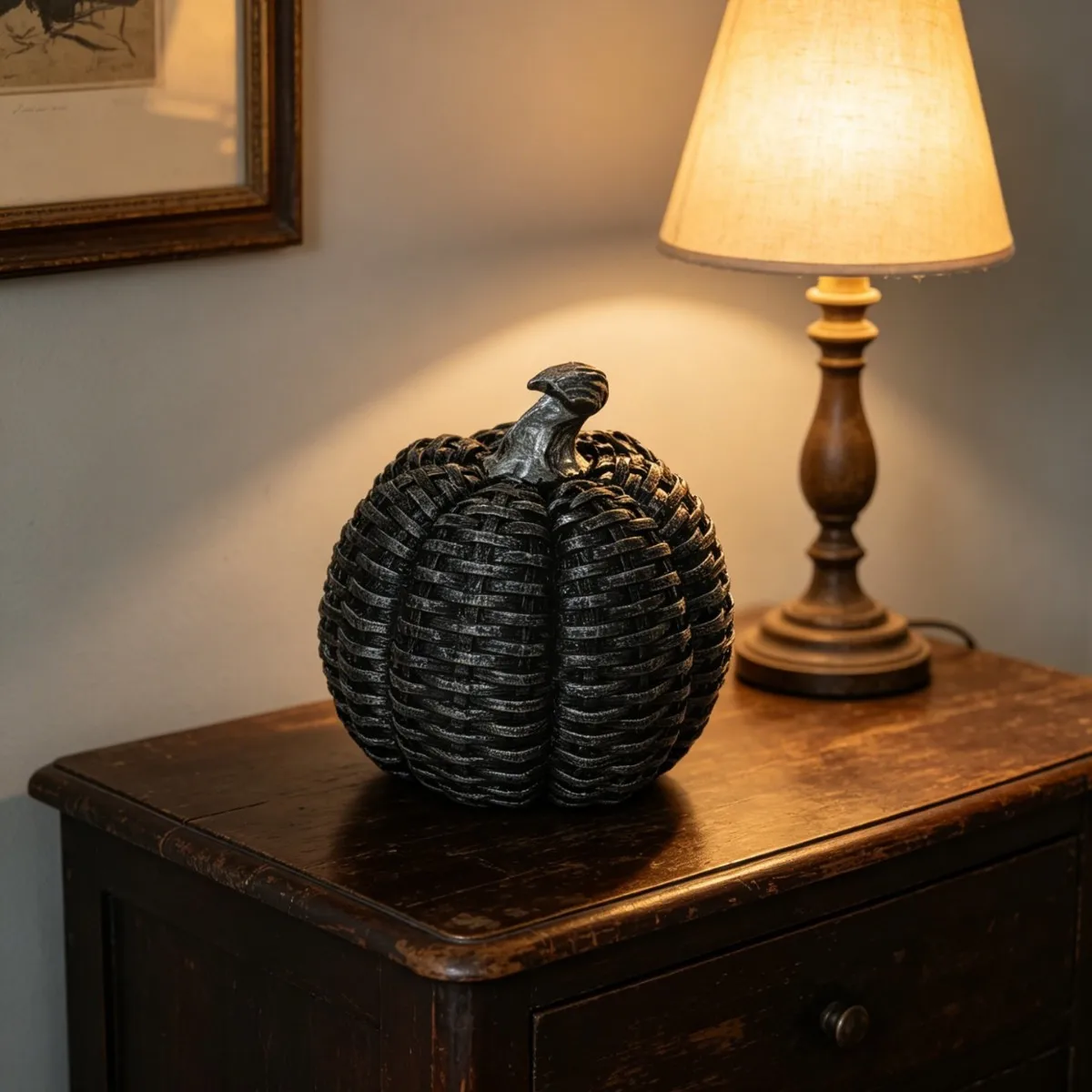 1pc Imitation Vine Weaving Pumpkin Sculpture Resin Ornaments Halloween Retro Home Decoration Artificial Pumpkins Desktop Statues
