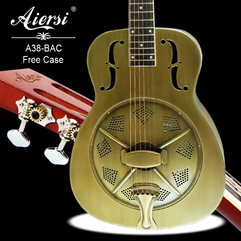 China Aiersi Style O Gloss Brass Metal Body Vintage Single Cone Biscuit Bridge Acoustic Resonator Guitar Blues String Instrument
