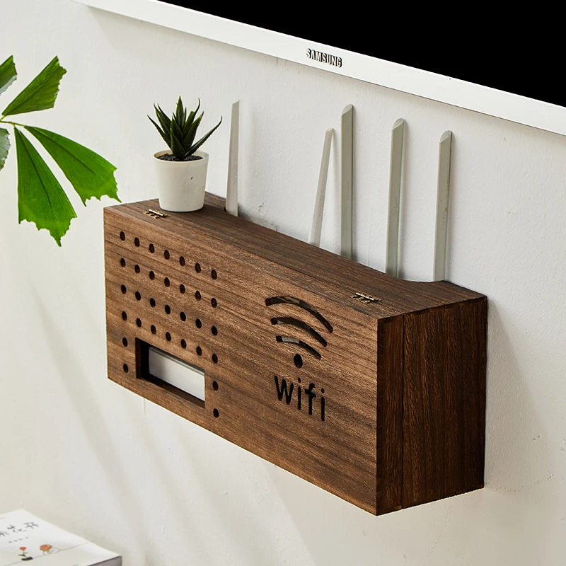 Wall Mount Cable Management Box Solid Wood WiFi Router Shelf Living Room TV Set-Top Box Organizer Wireless Storage Holder