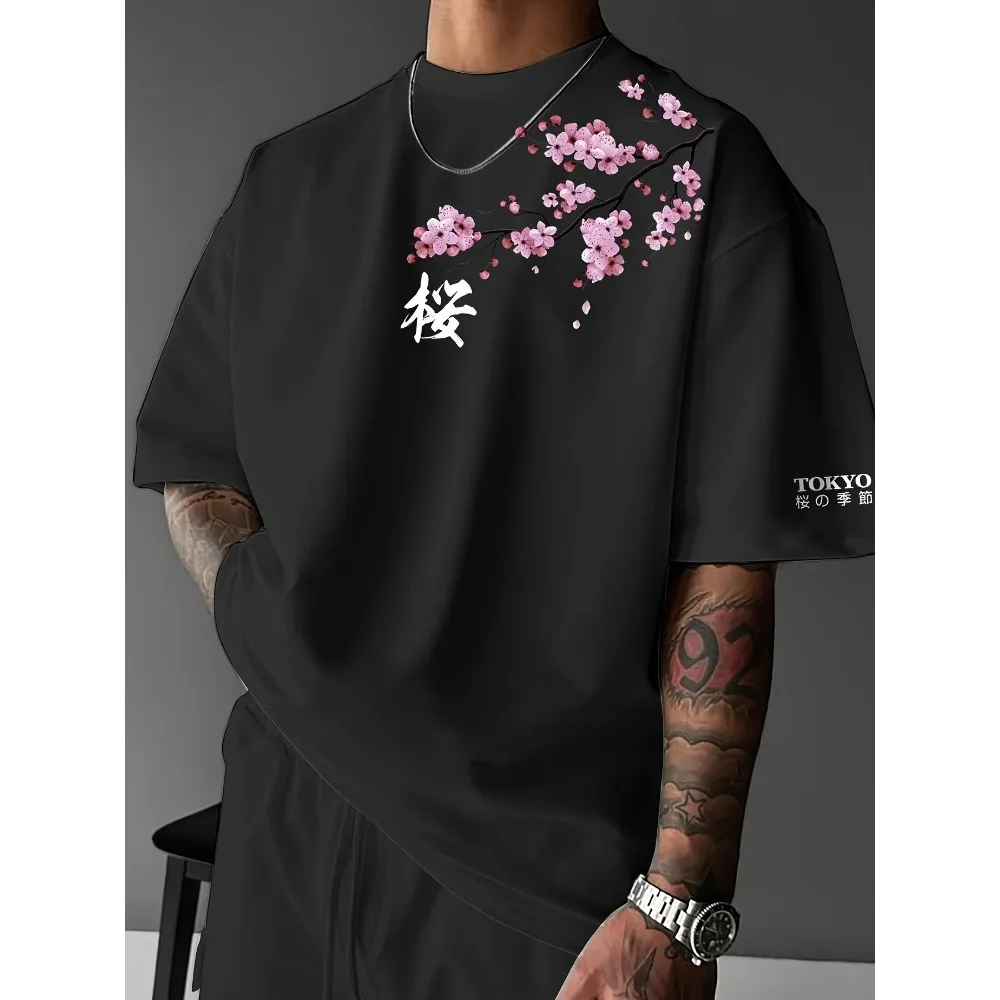 Summer Men Cherry Blossom Pattern Japanese Style Loose-Tee Shirt Suitable for Daily Wear  Material Trendy Versatile