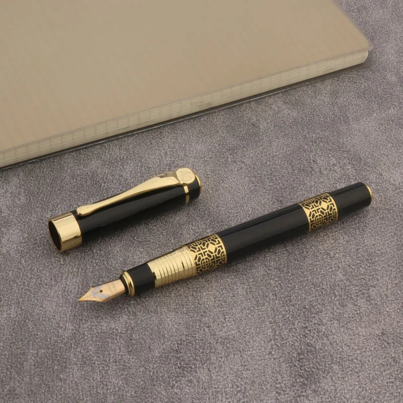 Brand Metal Fountain Pen Black Golden Carving Mahogany Business Office School Supplies Writing Ink Pen