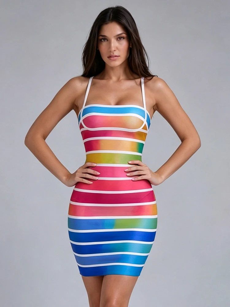 

2026 Rainbow Gradient Stripe Spaghetti Strap Mini Bodycon Dress White Trim Bandage Club Outfit Beach&Summer Party Y2K Streetwear
