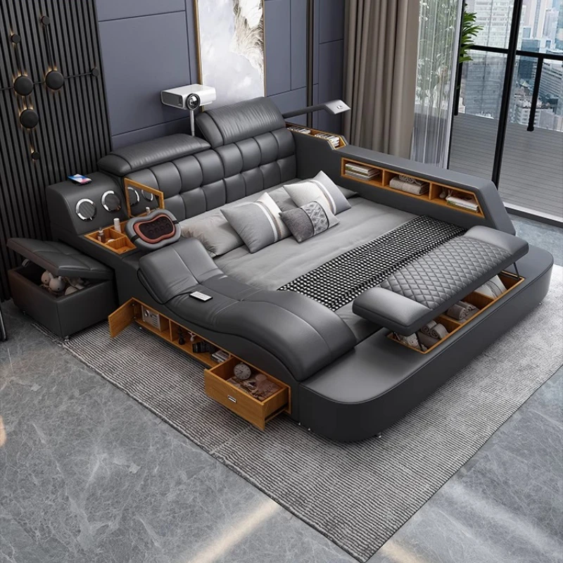 

King Size Double Bed Headboard Leather Massage Storage Bed Tatami Deluxe Upholstered Camas De Dormitorio Bedroom Accessories