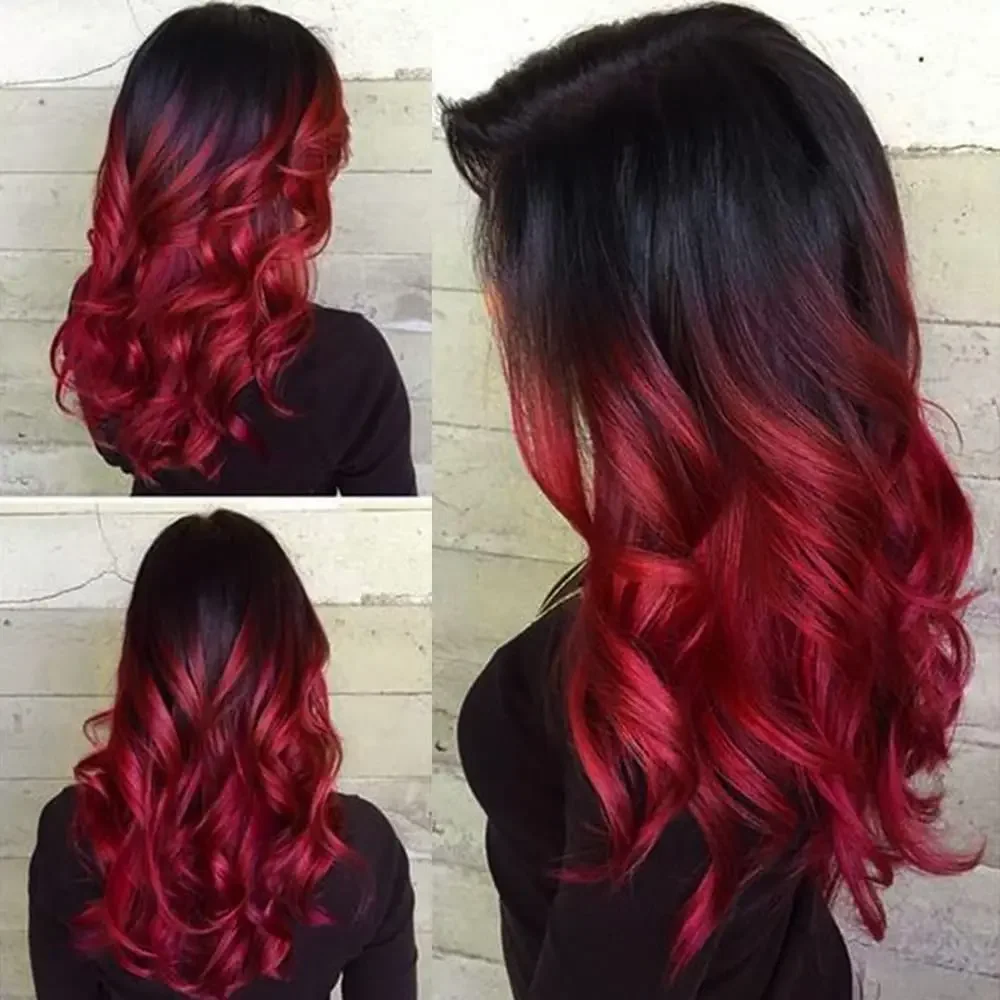 

Ombre Black To Red Wig Long Wavy Wig for Women Side Part Colored Synthetic Heat Resistant Wig for Daily Party Costume Halloween