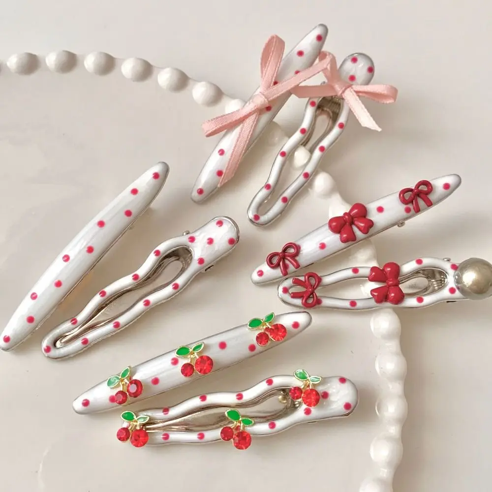 Korean Sweet Hand-Made Alloy Pink Hairpin Creative Fashion Cherry Bow Pearl Fringe Hair Accessory Rhinestone Cherry Hairpin