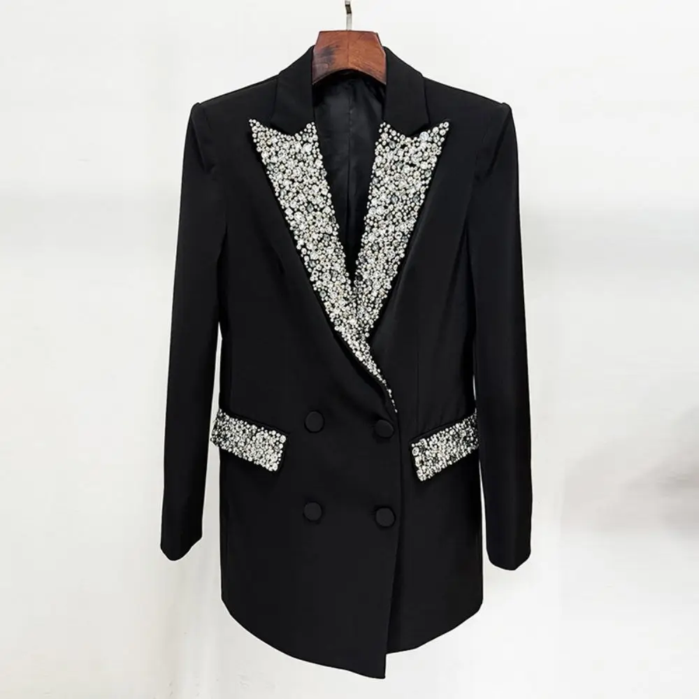 

Solid Spliced Diamonds beading Casual Elegant Blazers Women V Neck Long Sleeve Patchwork Button Blazer Female Fashion Style