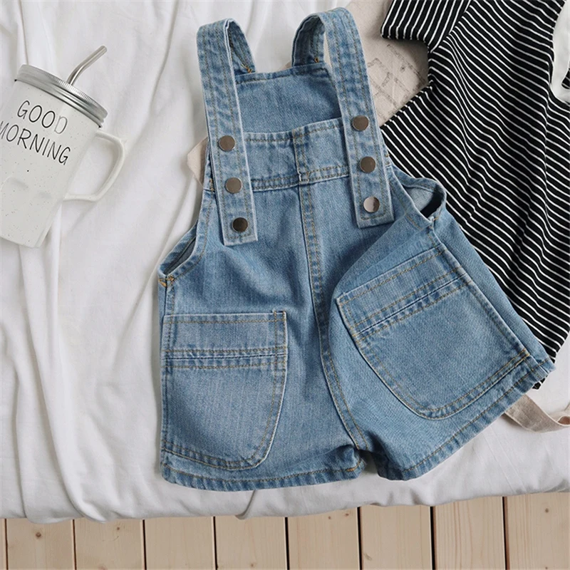 Children Clothes Solid Denim Loose Overalls Girls Fashion Casual Jean Strap Shorts Infant Toddler Kids Double-breasted Jumpsuits