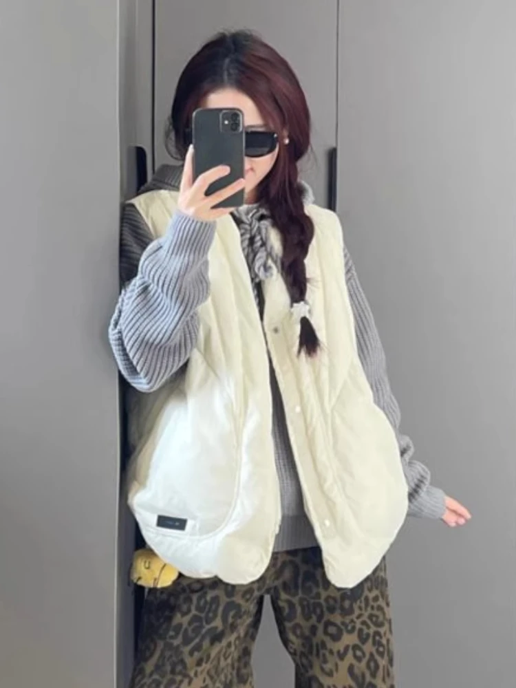 Korean Casual Women Simple Warm Vest Coat Winter Grunge Fairy Streetwear Sleeveless Coats Y2k Aesthetic Loose Chic Femme Jackets