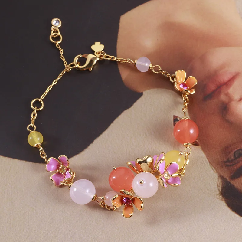 

New Cute Sweet Bohemia Style Pink Enamel Flowers Milky Pink Round Balls Age-reducing Bracelet for Women Gentle Gifts for Girls