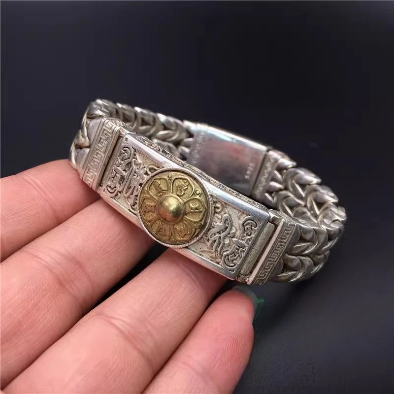 

Handmade silver Nepalese retro hollow-out pattern Tibetan silver bracelet for men, domineering, stylish and good luck-bringing