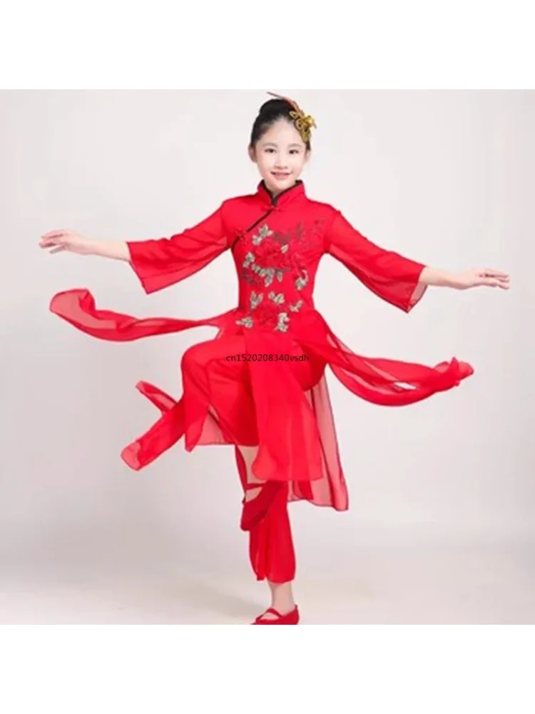 Klassische Hanfu-Kostüme für Kinder, Yangko-Tanz-Bühnenkostüme, klassische Tintenmalerei-Tanzkostüme, Übungskleidung für Mädchen, Fächertanz