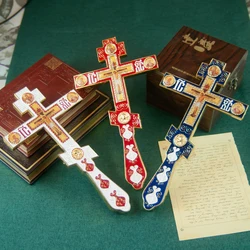 HTISOK Orthodox Cross Blessing Cross With Stand For Church Home Decoration Passion of Jesus Icon Red and Blue Enomal Cross