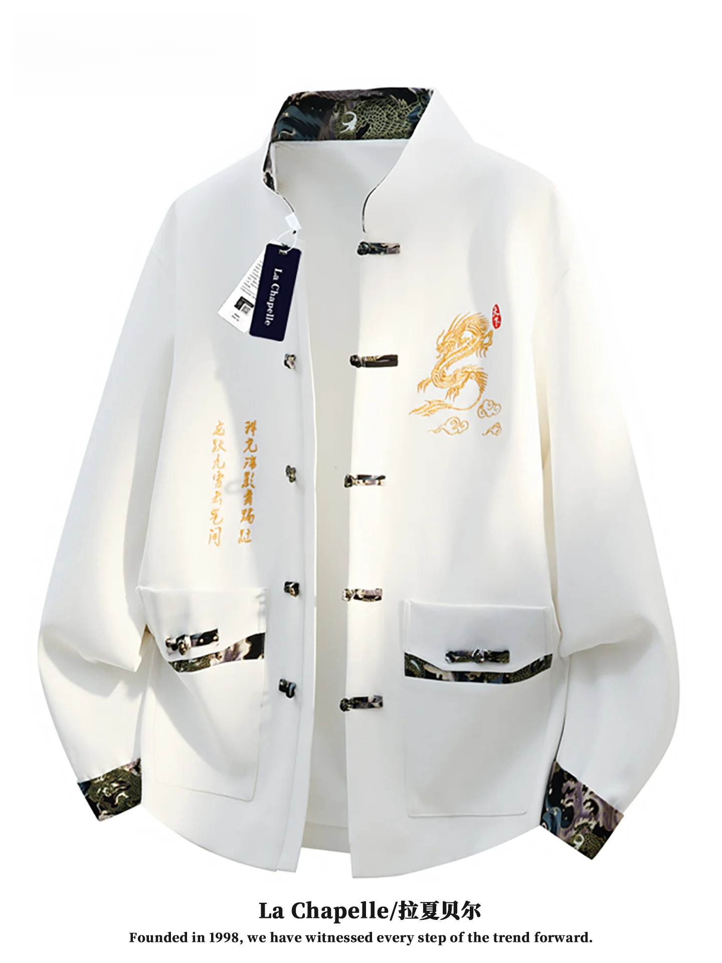 

La Chapelle Spring 2026 Men's Casual Jacket Stand Collar Hanfu Style Printed Polyester Breathable Long Sleeve Outerwear