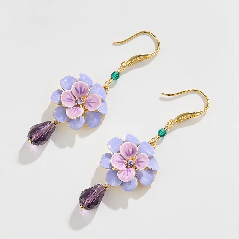 Hand-painted Enamel Purple Multi-layered Flower Ear Hook Niche Design Russia Style Retro Camellia Shaping Earrings Little Hoop