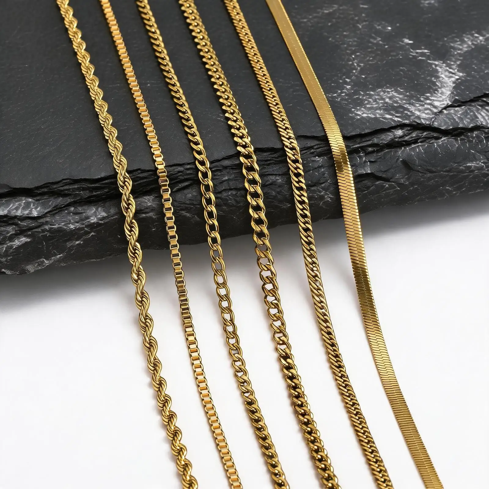 Hip-Hop Goldfarbene Kettenkette für Männer und Frauen, Edelstahl Seil-, Kubanische-, Schlangen- und Box-Ketten, Einfacher Metallketten-Schmuck – Detail 2