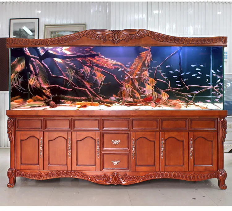 Solid wood fish tank living room, large ecological aquarium, bottom filter, ultra white glass carved cabinet