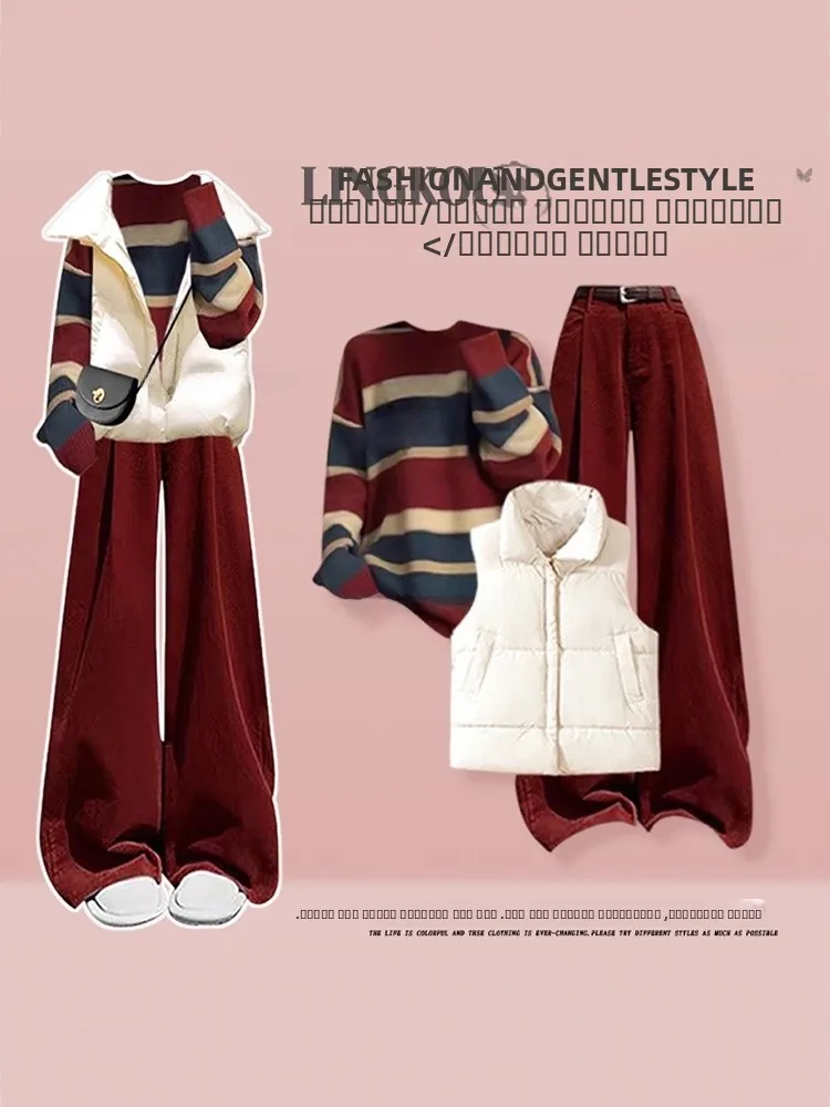 

Антивозрастной большой размер, осенне-зимний повседневный женский вязаный жилет в полоску и красные брюки, комплект из футболки, моющийся и удобный