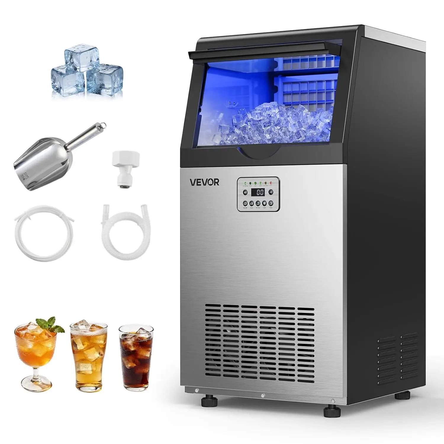 

Commercial Ice Maker Machine, 100 lbs/24h with 30 lbs Storage Capacity, Built-in/Freestanding/Under Counter, Stainless Steel Ice