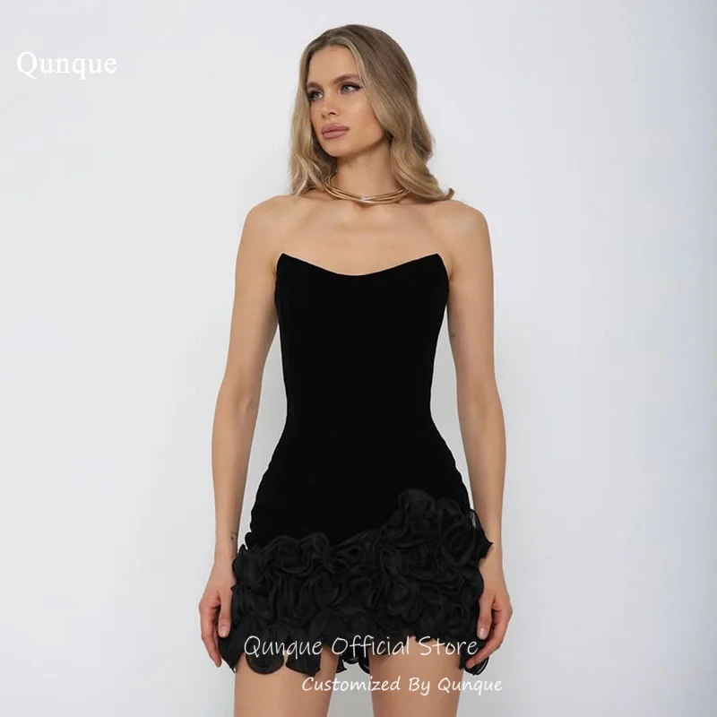 Qunque Black Velvet Mini Prom Dresses 3D Floral Ruffle Hem Homecoming Dresses Satin Sleeveless Cocktail Party Gowns Customized