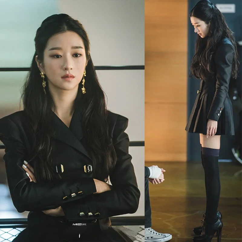 Ele Double-Breasted Suit Dr Korean Sle High Waist Long Sve V-Ne Autumn Faion Commute Pure Color X-ape Silho...