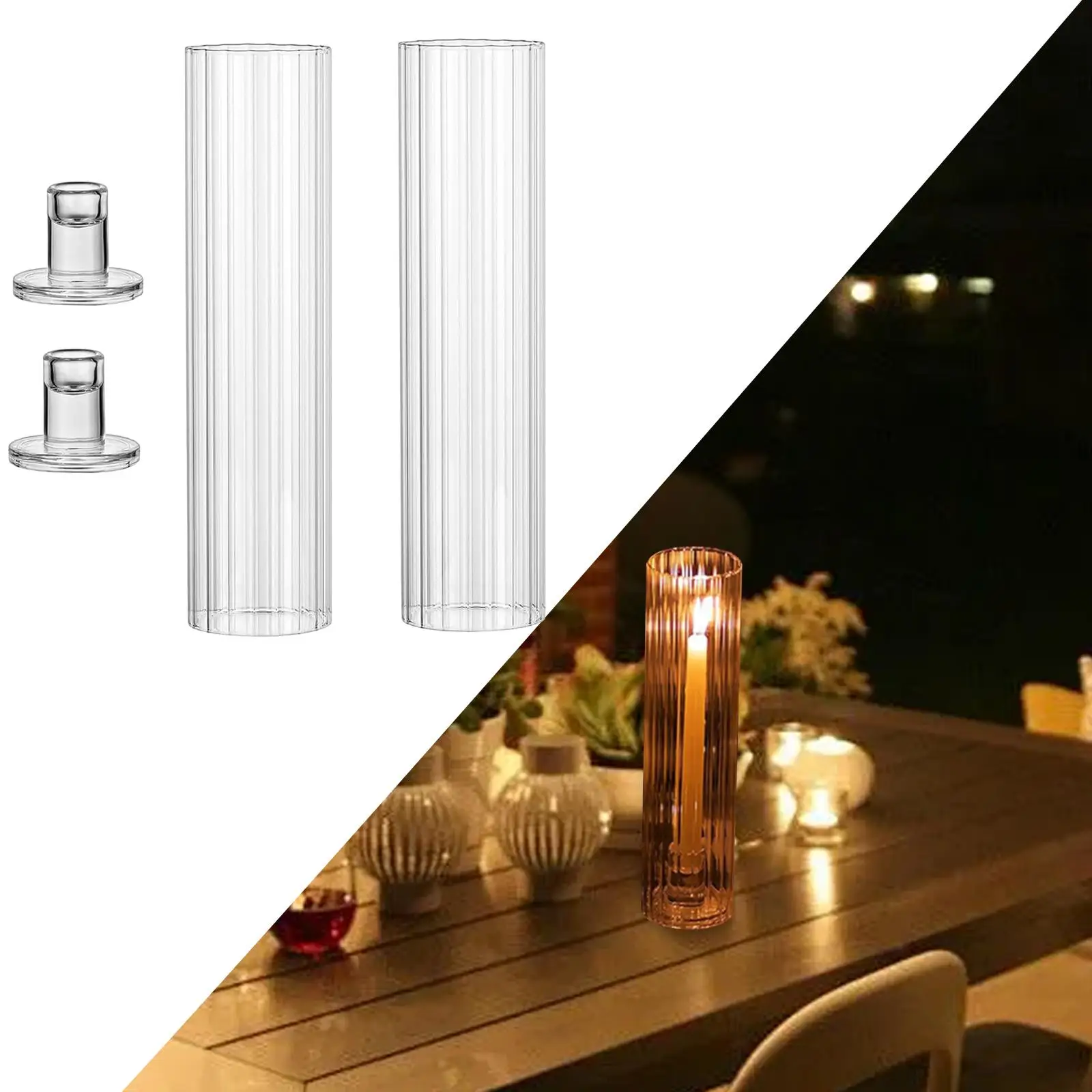 

2 Pieces Ribbed Glass Candle Holders Elegant for Fireplace Outdoor Reception