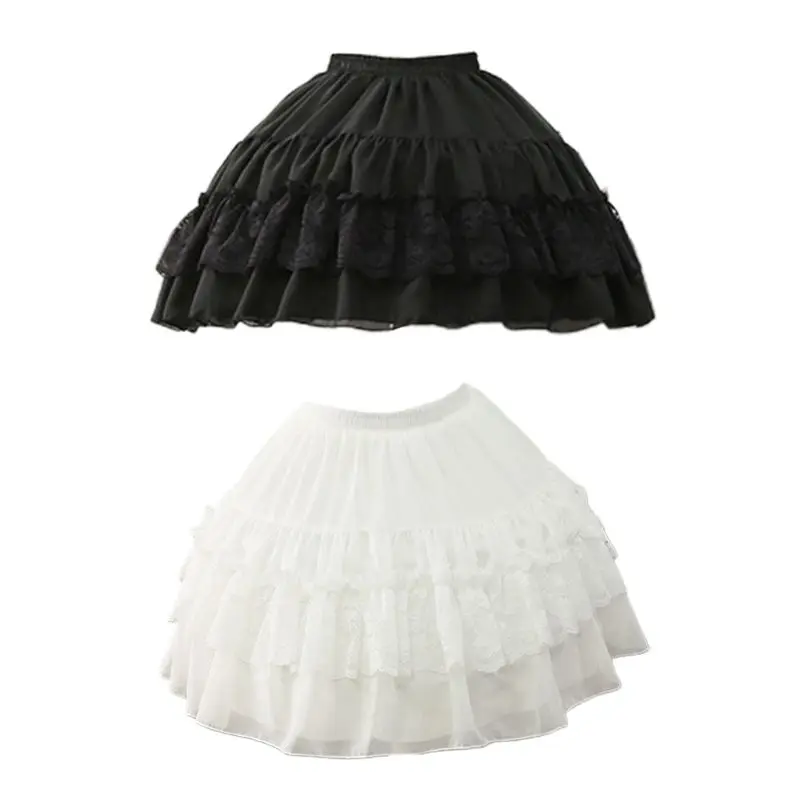 ผู้หญิงสีขาว Petticoat กระโปรงลูกไม้ลายดอก Patchwork Ruffles ฉัตรกระโปรง Lolita ชุดเดรสเจ้าสาว Flared สั้น Crinoline ปรับ