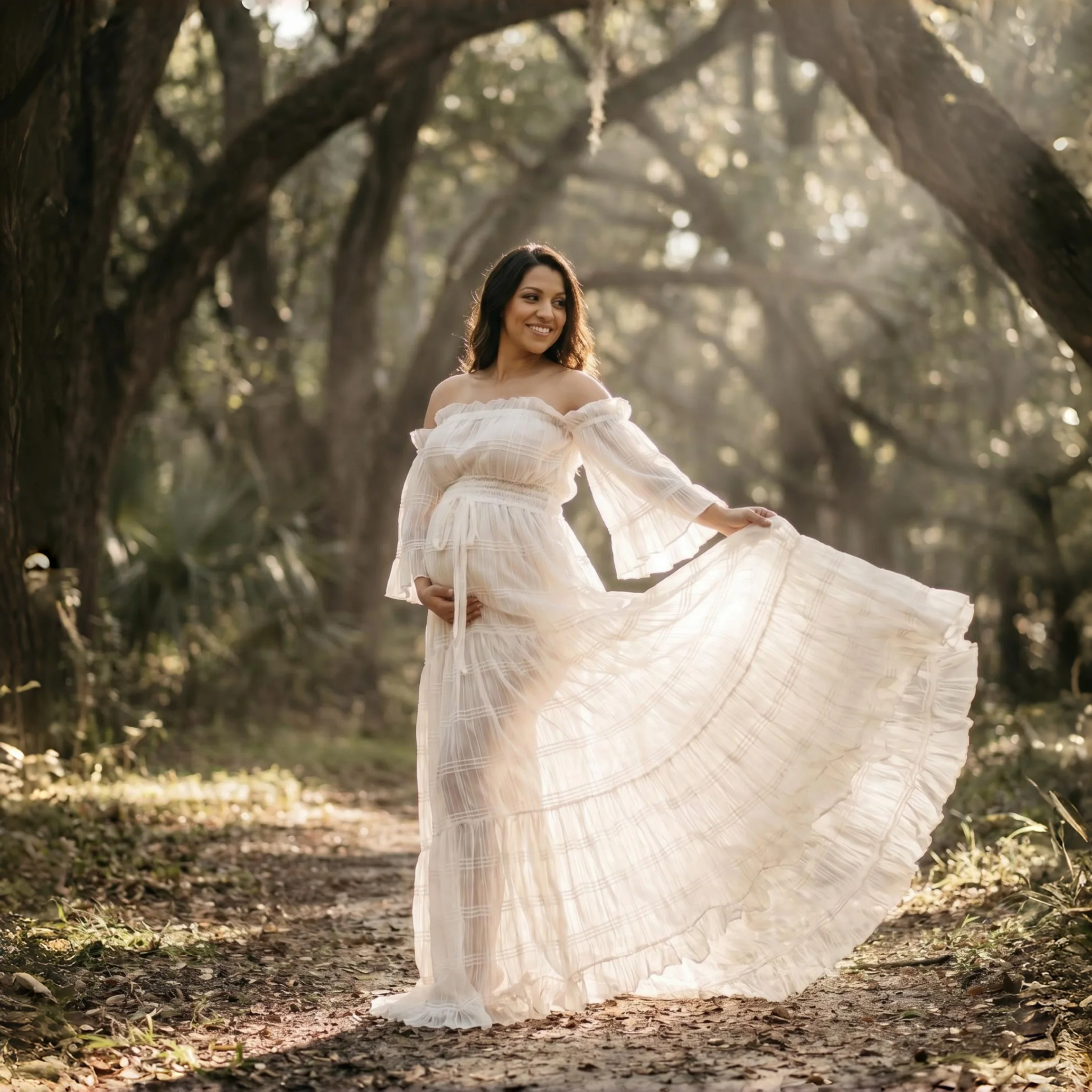 White Pleated Chiffon Maternity Photo Shoot Outfit Long Dress Short Sleeve 2 in 1 Pregnancy Photography Dress Set view 4