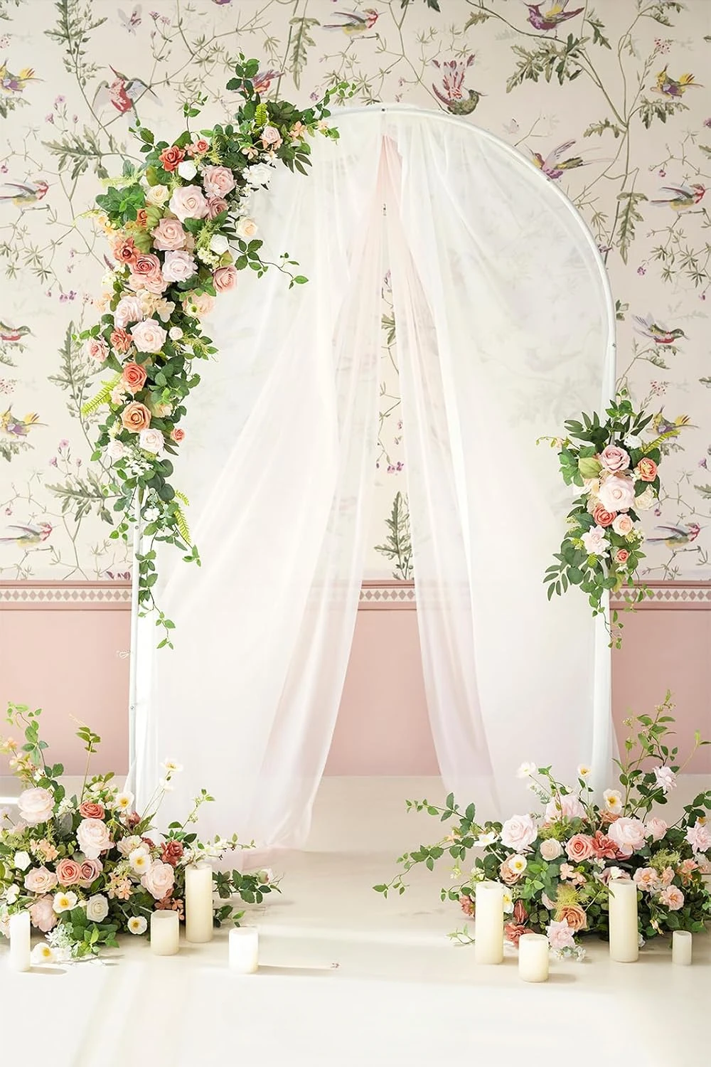 Deluxe Spring Pink Artificial Wedding Arch Flowers with Drapes Kit-Pack of 5, 2pcs Flower Arrangements 3pcs Hanging Sheer Drapes