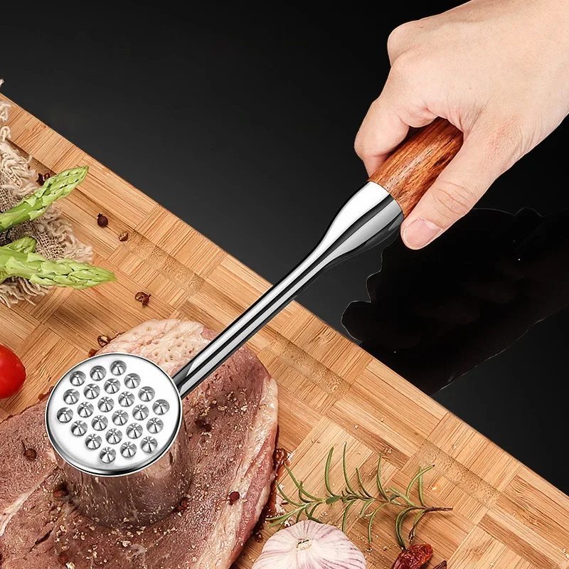 Dual Sided Meat Tenderizer Tool, 304 Stainless Steel Meat Mallet Hammer, Meat Pounder with Wood Handle for Beef, Chicken, Pork