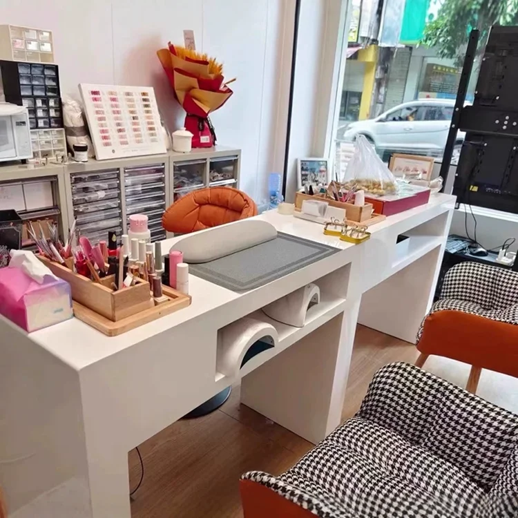 Vendita calda Mobili da scrivania per salone di bellezza Tavolo per unghie con piano in marmo Tavolo per manicure moderno a doppio posto per salone di bellezza
