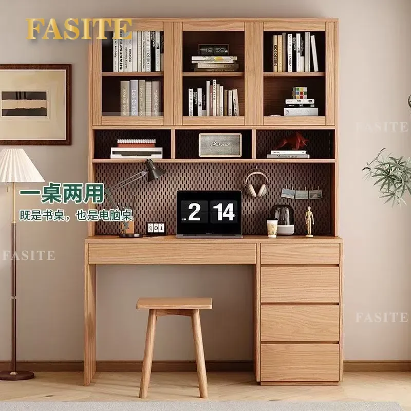 For Oak All Solid Wood Desk Bookshelf Integrated Table with Drawers Simple Small Apartment Learning Desk Bookcase Combination